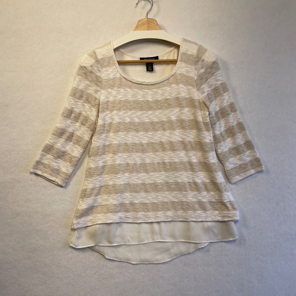 White House‎ Black Market Striped Layered Split Back Top XS Cream Tan 3/4 Sleeve